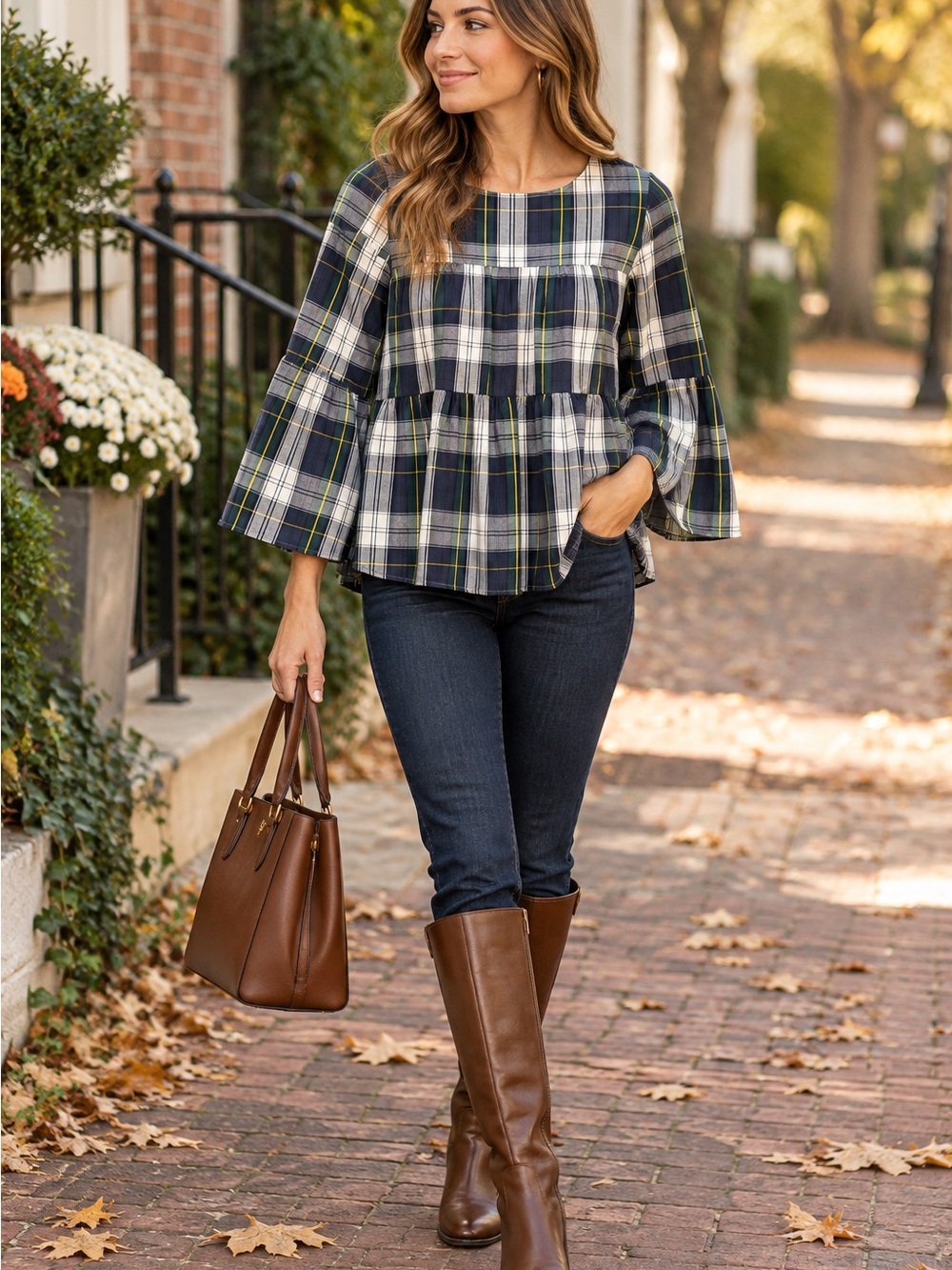 LaRoque Original Plaid Tiered Peplum Blouse Small Bell Sleeve Preppy